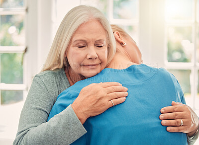 Buy stock photo Comfort, hug or elderly woman with nurse for support, hope or senior care for patient or trust. Retirement, rehabilitation or caregiver in clinic with empathy for wellness, love or helping old lady