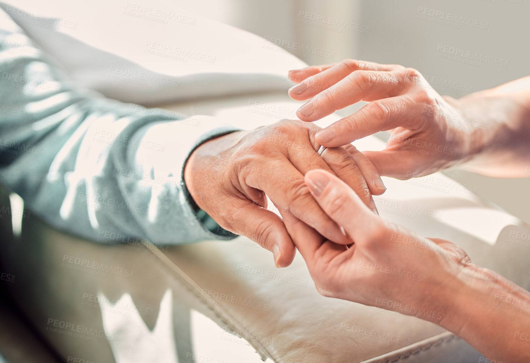 Buy stock photo Nursing home, hands and old woman with massage, professional and healthcare with comfort. Closeup, people or patient with caregiver, wrinkles or support with arthritis, joint pain or injury in lounge