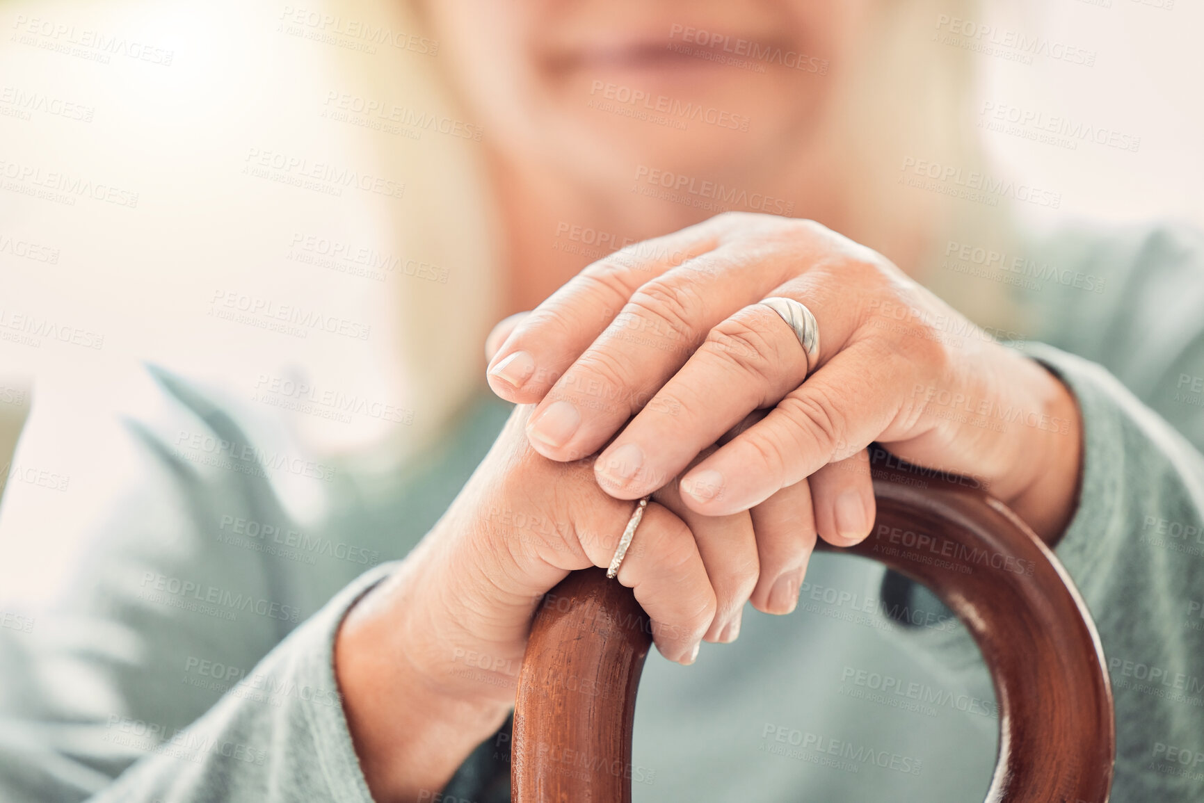 Buy stock photo Relax, cane and hands of old woman with memory, nostalgia and support in nursing home. Senior care, health and wellness for elderly person with disability, walking stick and balance in rehabilitation