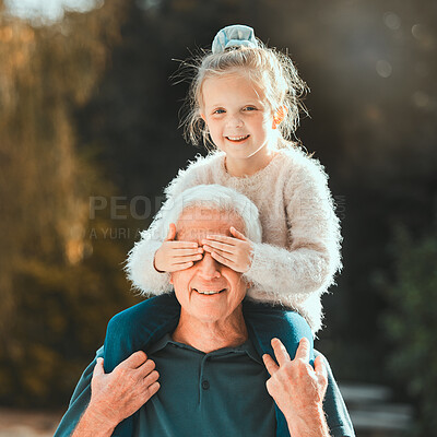 Buy stock photo Outdoor, grandfather and child in portrait for carrying, playful and bonding together on vacation holiday. Backyard, grandpa and girl with Peekaboo gesture for game, connection on shoulder on weekend