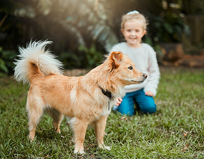 Buy stock photo Dog, outdoor and kid with pet for bonding, playful girl and backyard of home to relax with puppy. Female person, child and animal for support in childhood, together and friendship for happiness