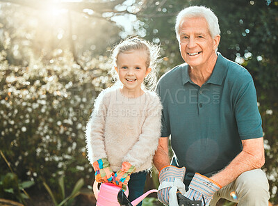 Buy stock photo Garden, grandfather and child in portrait with watering can, planting and agriculture on countryside. Backyard, senior grandpa and girl with equipment for nature growth, sustainability and bonding