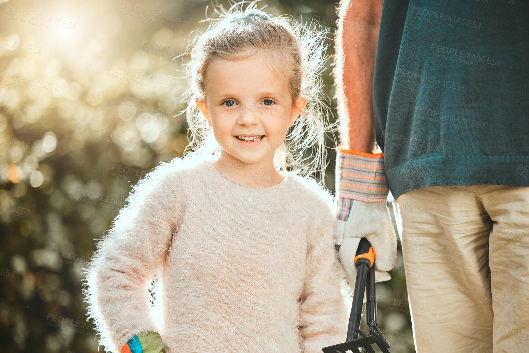 Buy stock photo Hands, father and child with portrait for gardening, teaching and learning agriculture in countryside. Backyard, parent or girl with smile or gloves for nature growth, sustainable planting or bonding