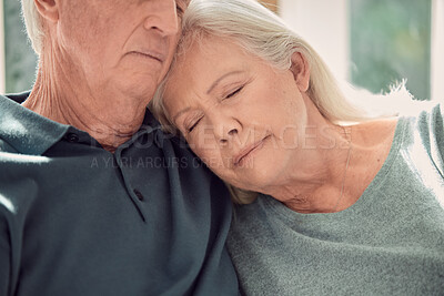 Buy stock photo Love, relax and senior couple hug in home, living room and bonding or sleeping together with support. Retirement, holiday and elderly man with mature woman for trust, peace or care in marriage