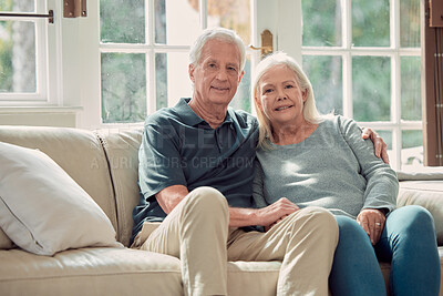 Buy stock photo Portrait, love and elderly couple hug in home, living room and bonding or relax together with support. Retirement, holiday and senior man with mature woman with trust, peace or care in marriage