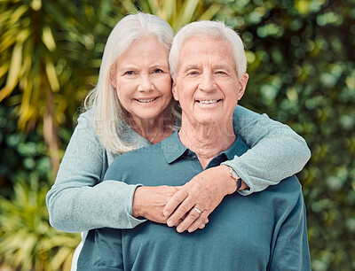 Buy stock photo Smile, love and portrait with senior couple, garden and hug for bonding, romance or date in nature. Happy, elderly woman and man in retirement, together and care with marriage and outdoor park