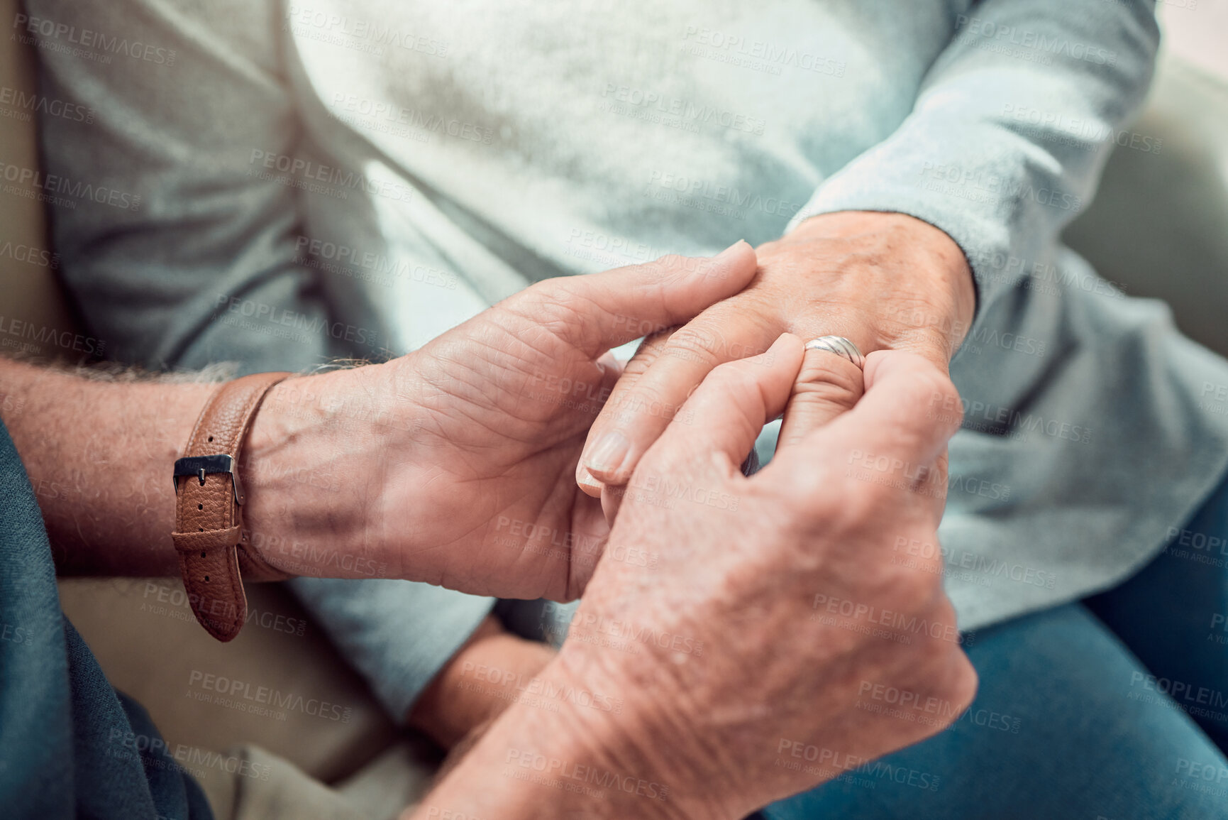 Buy stock photo Hands, engagement ring and senior couple for marriage proposal, connection or trust in retirement. Elderly people, partner and empathy in living room for love, bonding or relationship in nursing home