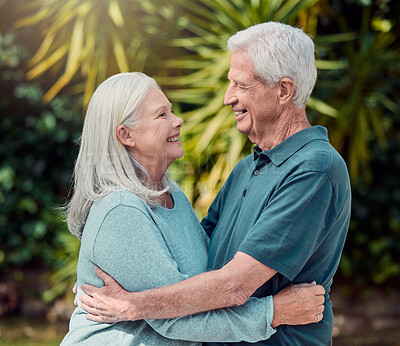 Buy stock photo Senior couple, hug and support with happiness, compassion and bonding in nursing home or retirement. Elderly people, embrace and connection for empathy in backyard for love, marriage and relationship