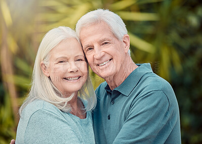 Buy stock photo Smile, care and portrait with senior couple, garden and hug for bonding, romance or date in nature. Happy, elderly woman and man in retirement, together and love with marriage and outdoor park