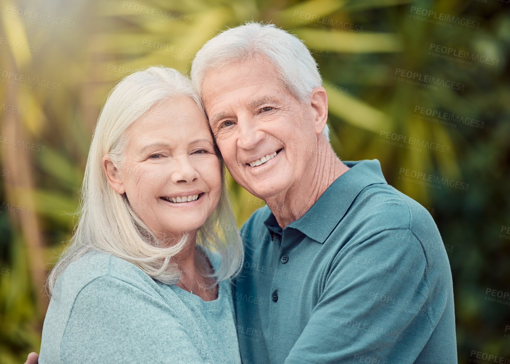 Buy stock photo Smile, care and portrait with senior couple, garden and hug for bonding, romance or date in nature. Happy, elderly woman and man in retirement, together and love with marriage and outdoor park