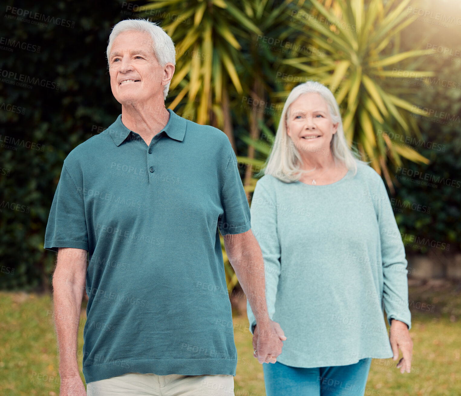 Buy stock photo Senior couple, happy and support with holding hands, garden and love in nursing home or retirement. Elderly people, care and connection for empathy in backyard for bonding, marriage and relationship