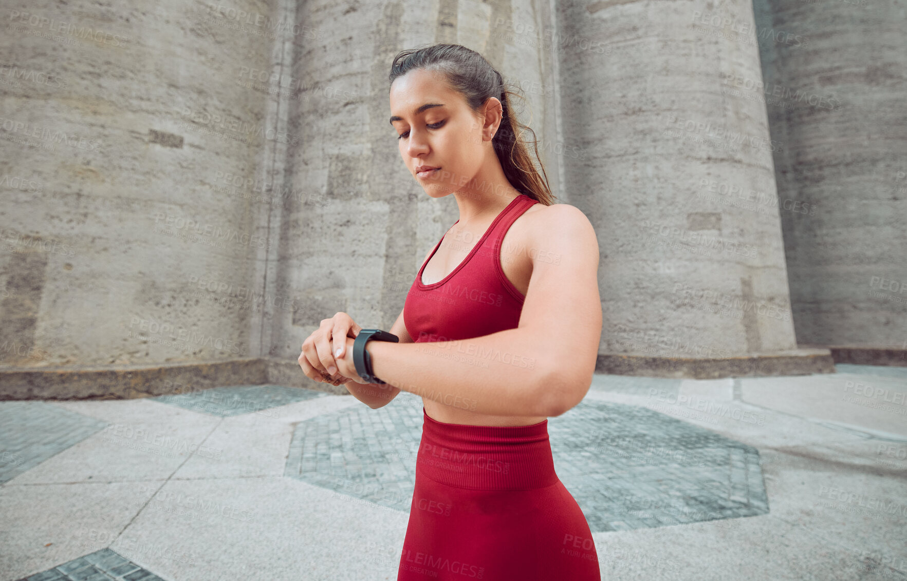 Buy stock photo City, fitness and watch with woman runner outdoor for cardio, training or workout routine. Exercise, running and time with sports athlete or person in urban town for challenge and competition