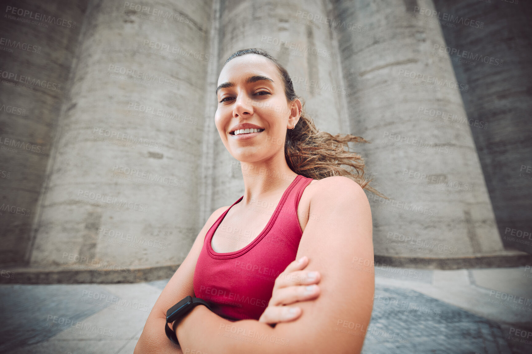 Buy stock photo Arms crossed, fitness and portrait of with woman runner in city for cardio, training or workout routine. Exercise, running and smile with sports person in urban town for challenge and competition