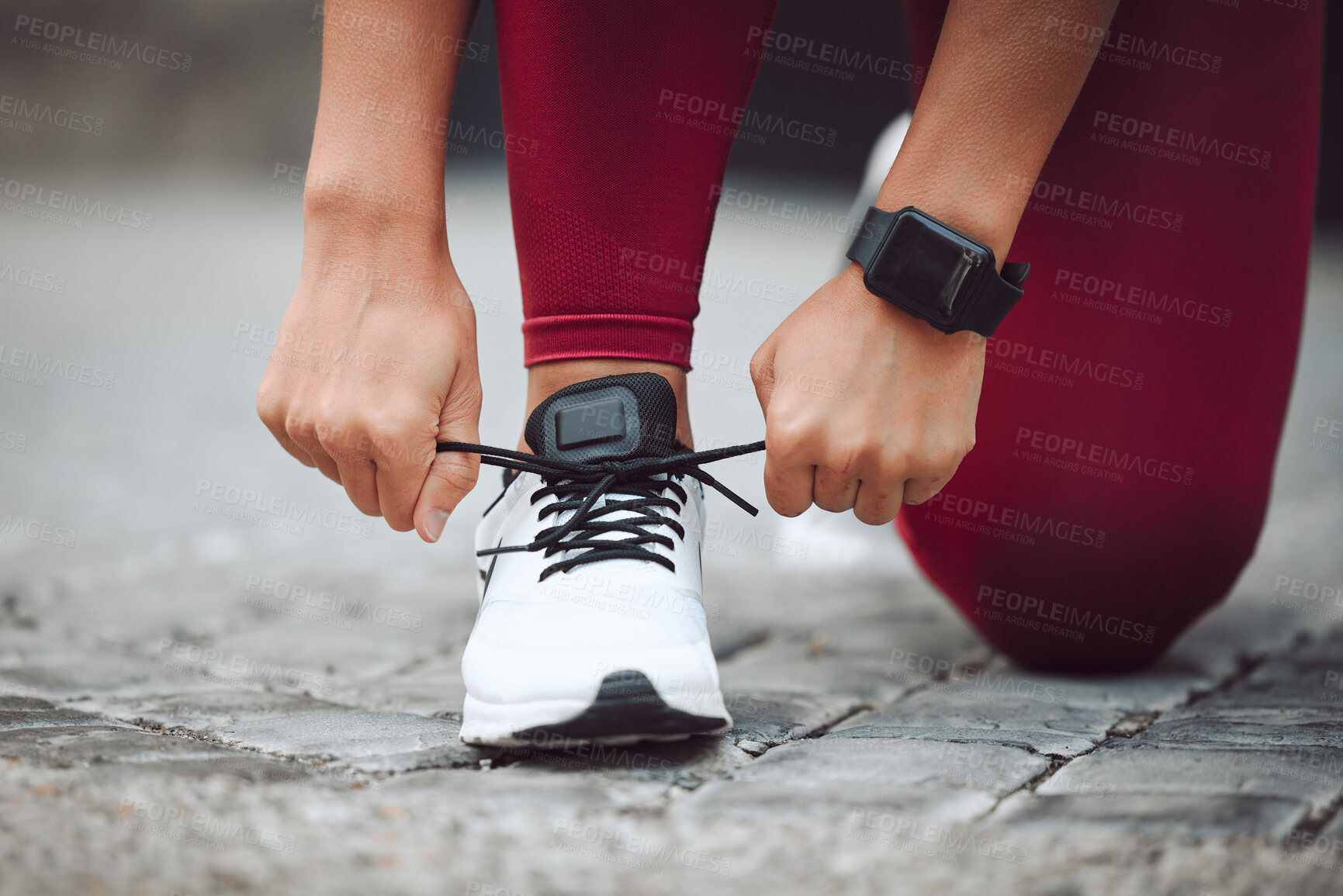 Buy stock photo Outdoor, hands and tying shoelace for fitness on pavement for running, exercise and workout. Sports person, outside and sneakers on safety for jogging, marathon and training for health and self care