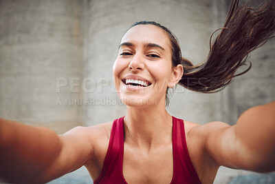 Buy stock photo Outdoor, woman and happiness for fitness with selfie for social media post, interaction and profile picture in Spain. Female person, portrait and smile or satisfied outside with workout or exercise