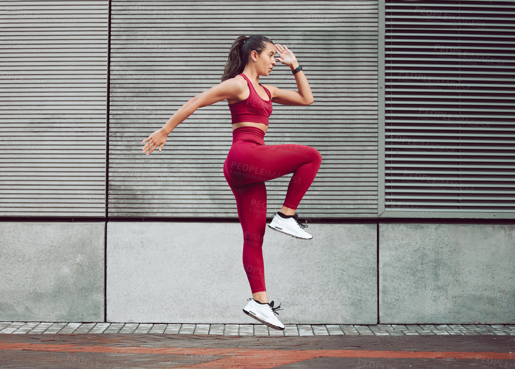 Buy stock photo Exercise, profile and stretching with woman in city, outdoor for cardio, training or workout routine. Fitness, running and warm up with sports person in urban town for challenge and competition