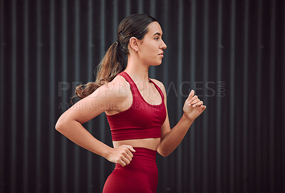 Buy stock photo Woman, health and running outdoor for exercise, fitness and cardio in morning with endurance challenge. Female person, athlete and training for workout, sport or marathon runner with healthy activity