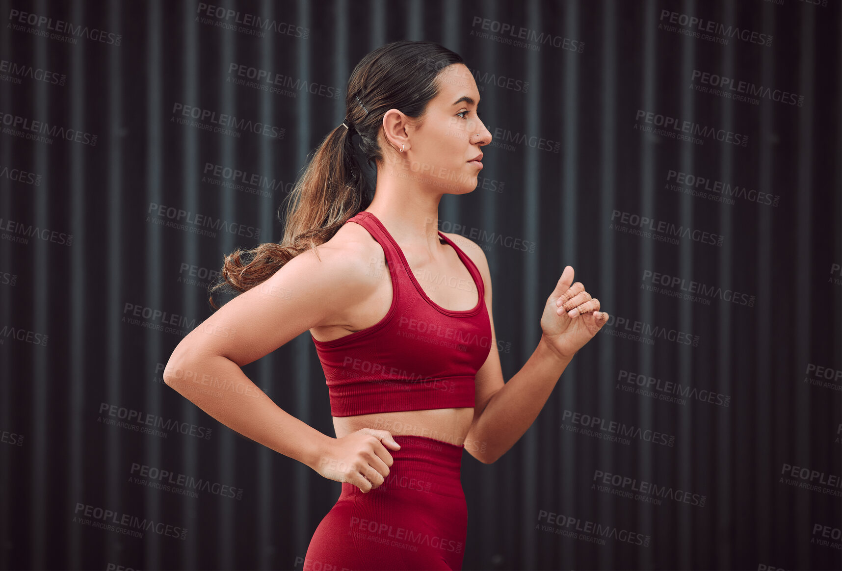 Buy stock photo Woman, health and running outdoor for exercise, fitness and cardio in morning with endurance challenge. Female person, athlete and training for workout, sport or marathon runner with healthy activity