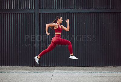 Buy stock photo Woman, training and running outdoor for fitness, exercise and speed in morning with endurance challenge. Female person, fast and workout for health, sport or marathon runner with healthy activity