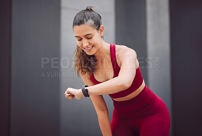 Buy stock photo City, exercise and watch with woman runner outdoor for cardio, training or workout routine. Fitness, running and time with sports athlete or person in urban town for challenge and competition