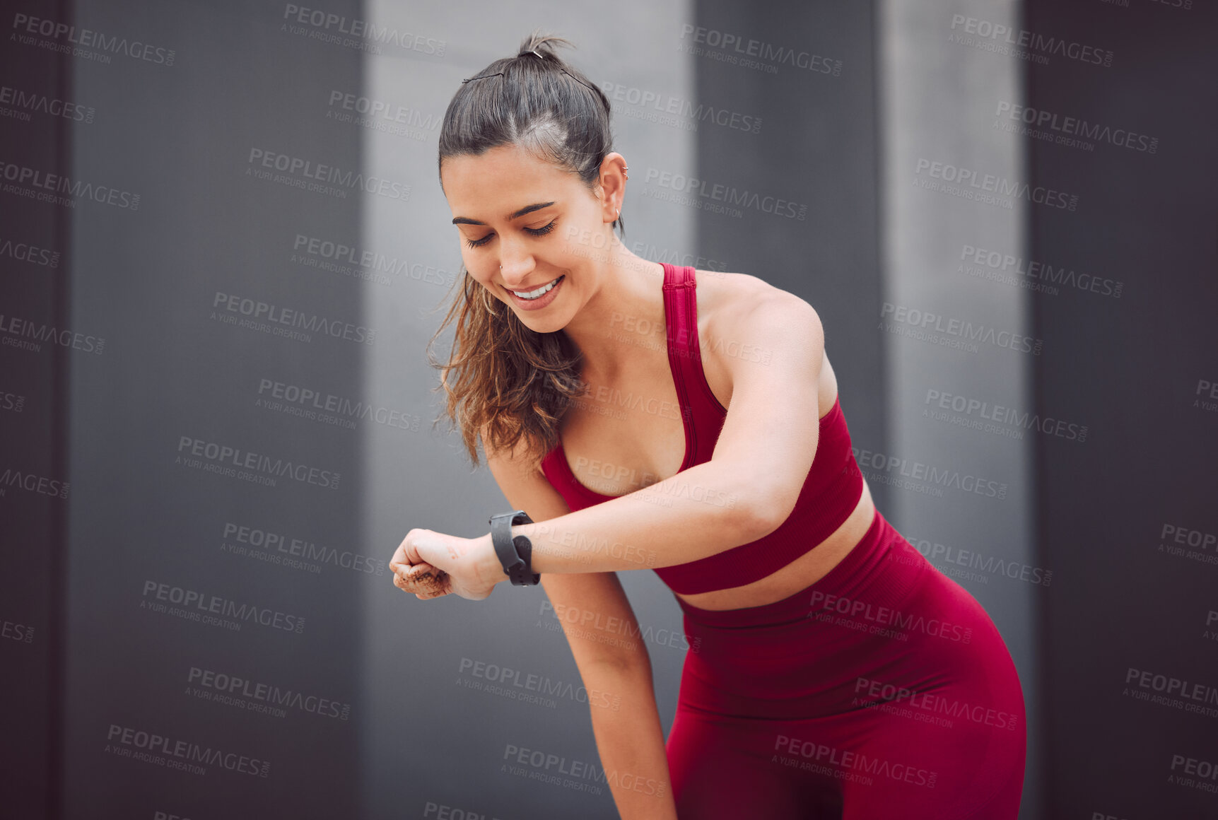 Buy stock photo City, exercise and watch with woman runner outdoor for cardio, training or workout routine. Fitness, running and time with sports athlete or person in urban town for challenge and competition