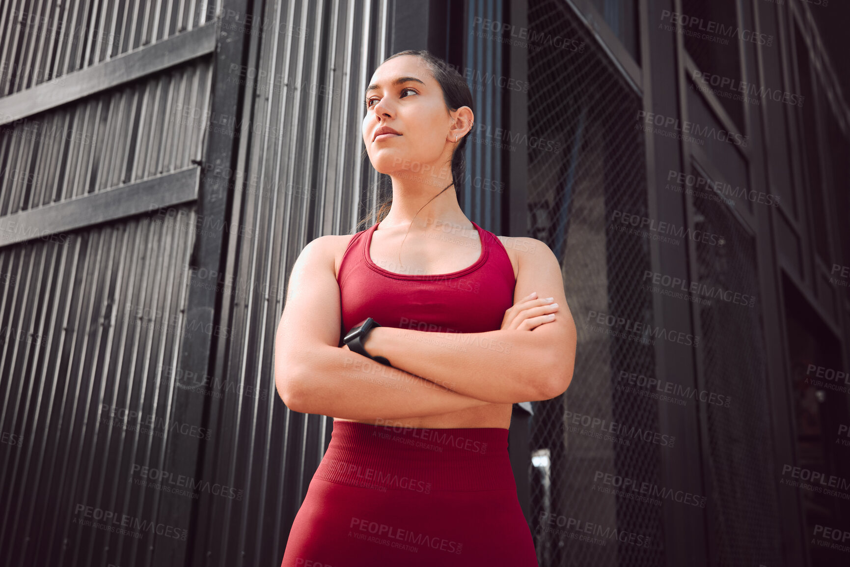 Buy stock photo Arms crossed, fitness and thinking with woman runner outdoor for cardio, training or workout routine. Exercise, running and idea with sports athlete or person in urban town for start of challenge