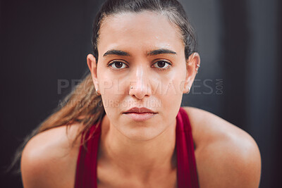 Buy stock photo Outdoor, woman and tired on portrait with running for fitness, health and self care in Spain. Female person, sweat and serious outside on jogging break in sportswear for exercise and workout