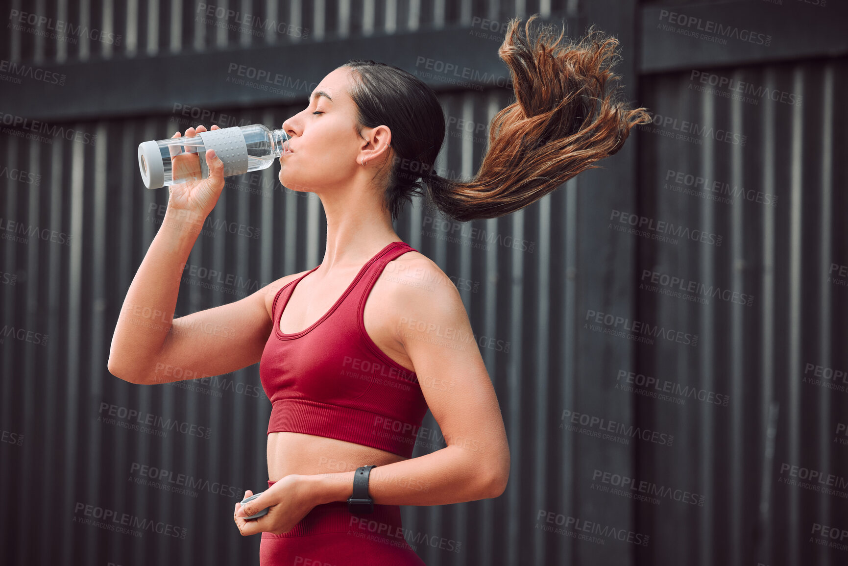 Buy stock photo City, fitness and water with sports woman outdoor for cardio, training or workout routine. Exercise, hydration and profile of athlete person in urban town for break, challenge and competition