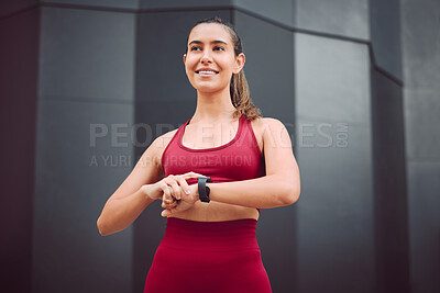 Buy stock photo Fitness, thinking and watch with woman runner outdoor for cardio, training or workout routine. Exercise, idea and time with sports athlete or person in urban town for challenge and competition