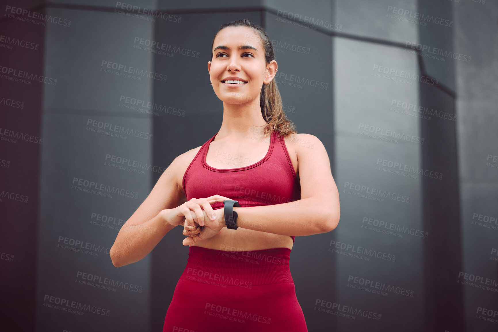 Buy stock photo Fitness, thinking and watch with woman runner outdoor for cardio, training or workout routine. Exercise, idea and time with sports athlete or person in urban town for challenge and competition