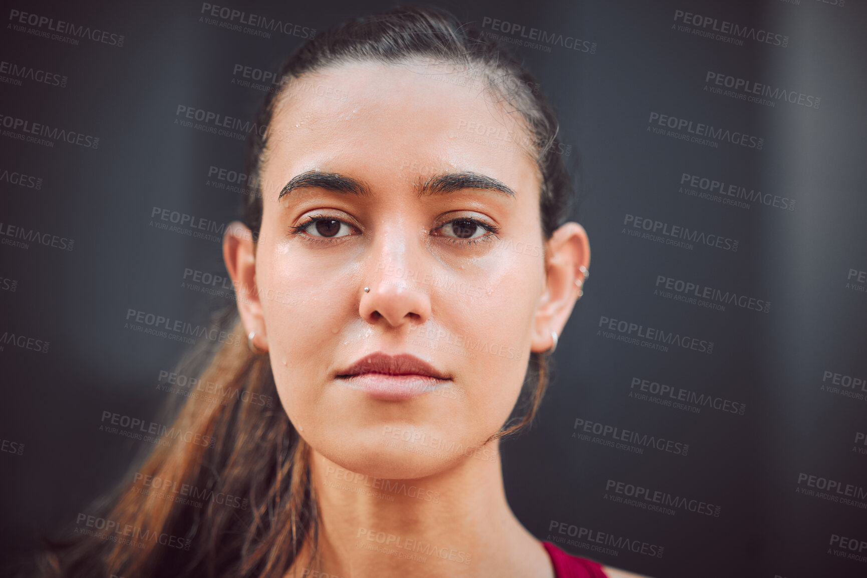 Buy stock photo Portrait, serious and woman with fitness, runner and exercise for wellness, challenge and endurance. Face, healthy person and athlete with confidence, workout and training with practice and sports