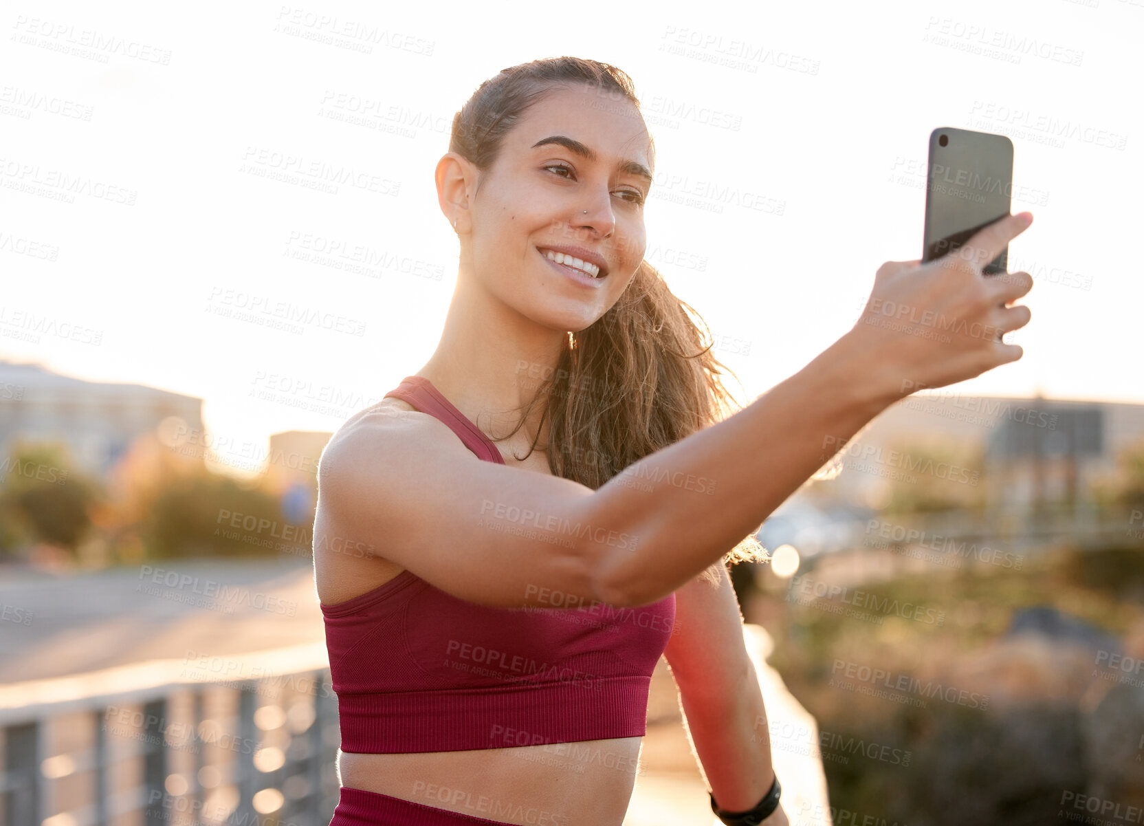 Buy stock photo Fitness, smile and selfie with woman in city for running, health and social media app. Sports, workout and wellness with person and picture in outdoors for photography, training plan and memory