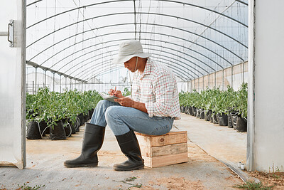 Buy stock photo Greenhouse, farming and man with writing for notes, information and planning for plants growth. Countryside, male person and farmer with book for record keeping, crops progress and document results