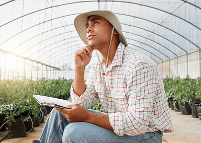 Buy stock photo Man, farmer and thinking with notebook, agriculture or planning for problem solving in greenhouse. Person, book and vision for inspiration, solution or ideas for sustainability at agro small business