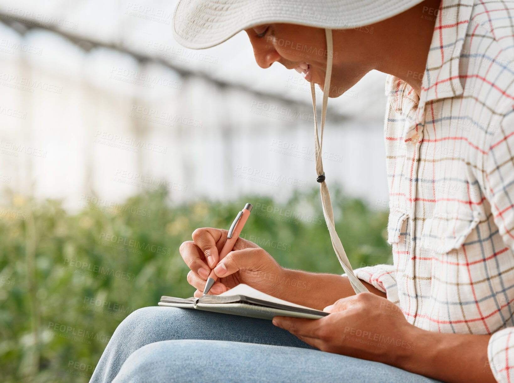 Buy stock photo Farmer, man and writing with notebook in greenhouse with inspection, thinking or happy for growth with inspiration. Person, book and quality assurance for crops, plants and profile with agro business