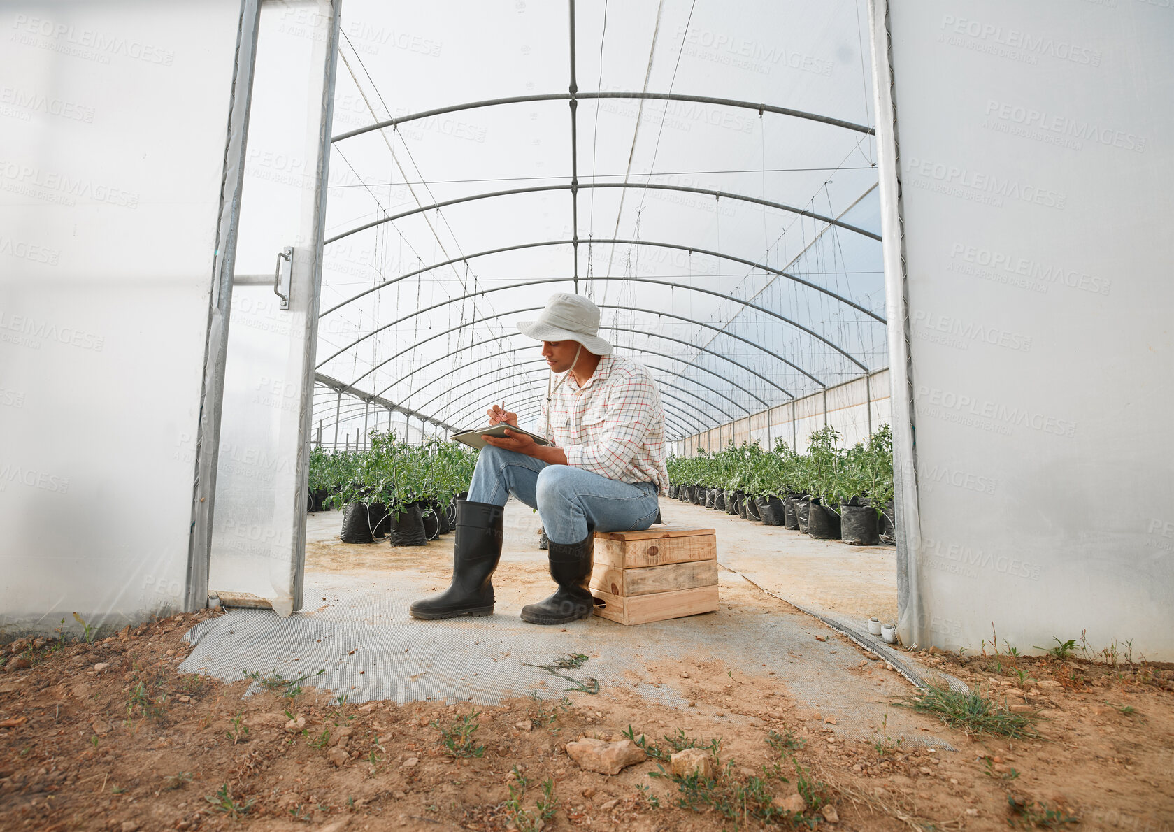 Buy stock photo Shot of a young man writing notes while working in a greenhouse on a farm