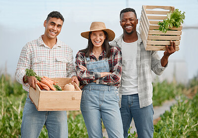 Buy stock photo Portrait of a group of people holding crates of fresh produce while working together on a farm
