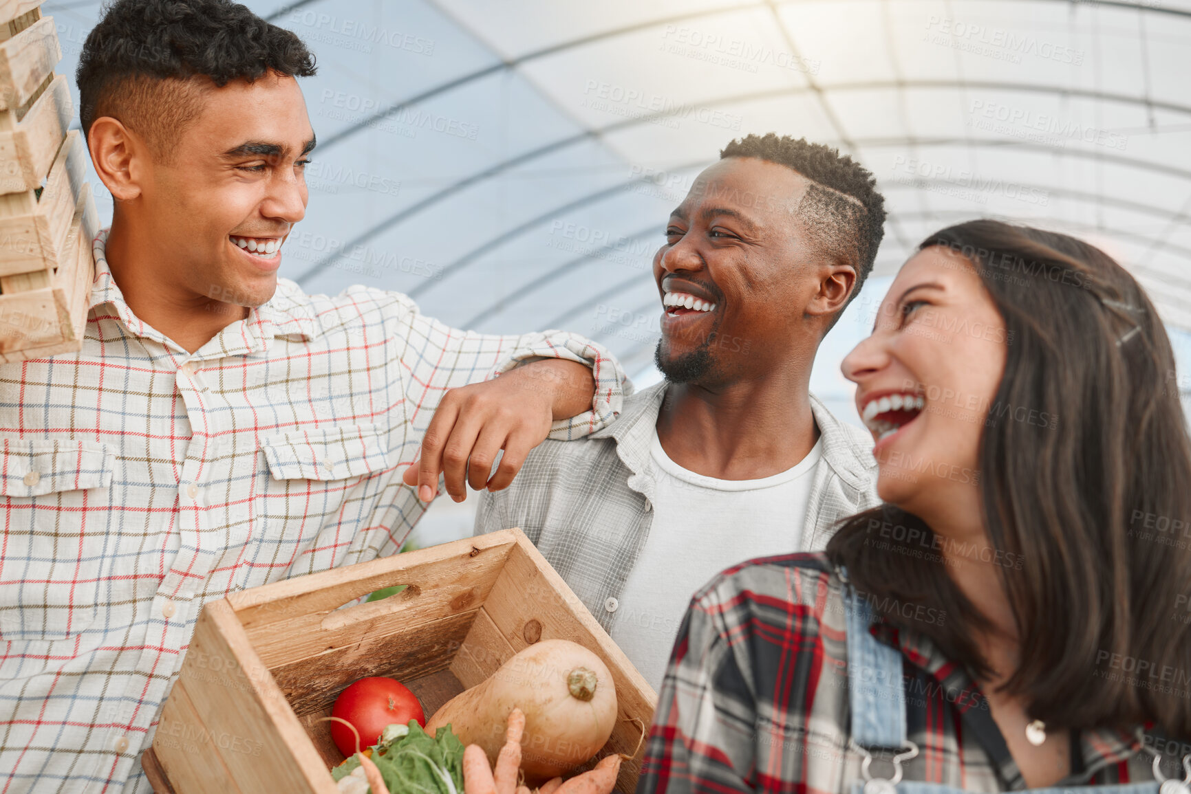 Buy stock photo Shot of a group of people holding crates of fresh produce while working together on a farm