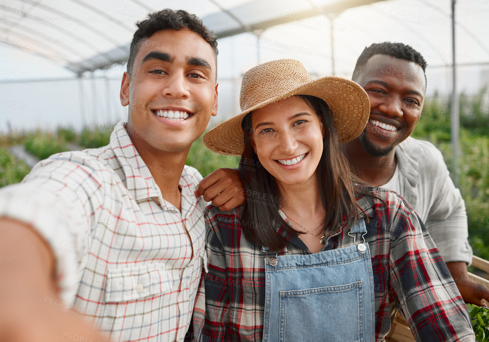 Buy stock photo Portrait of a group of people taking selfies while working together on a farm