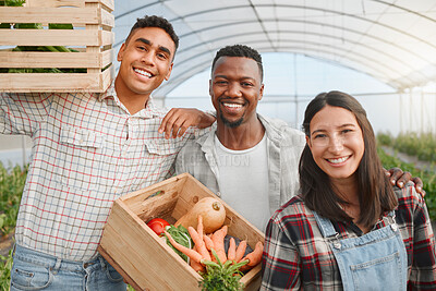 Buy stock photo Farming, happy people and portrait with basket for vegetables, plants and crops for harvesting. Agriculture, teamwork and farmers with food for small business, nutrition and confidence in greenhouse