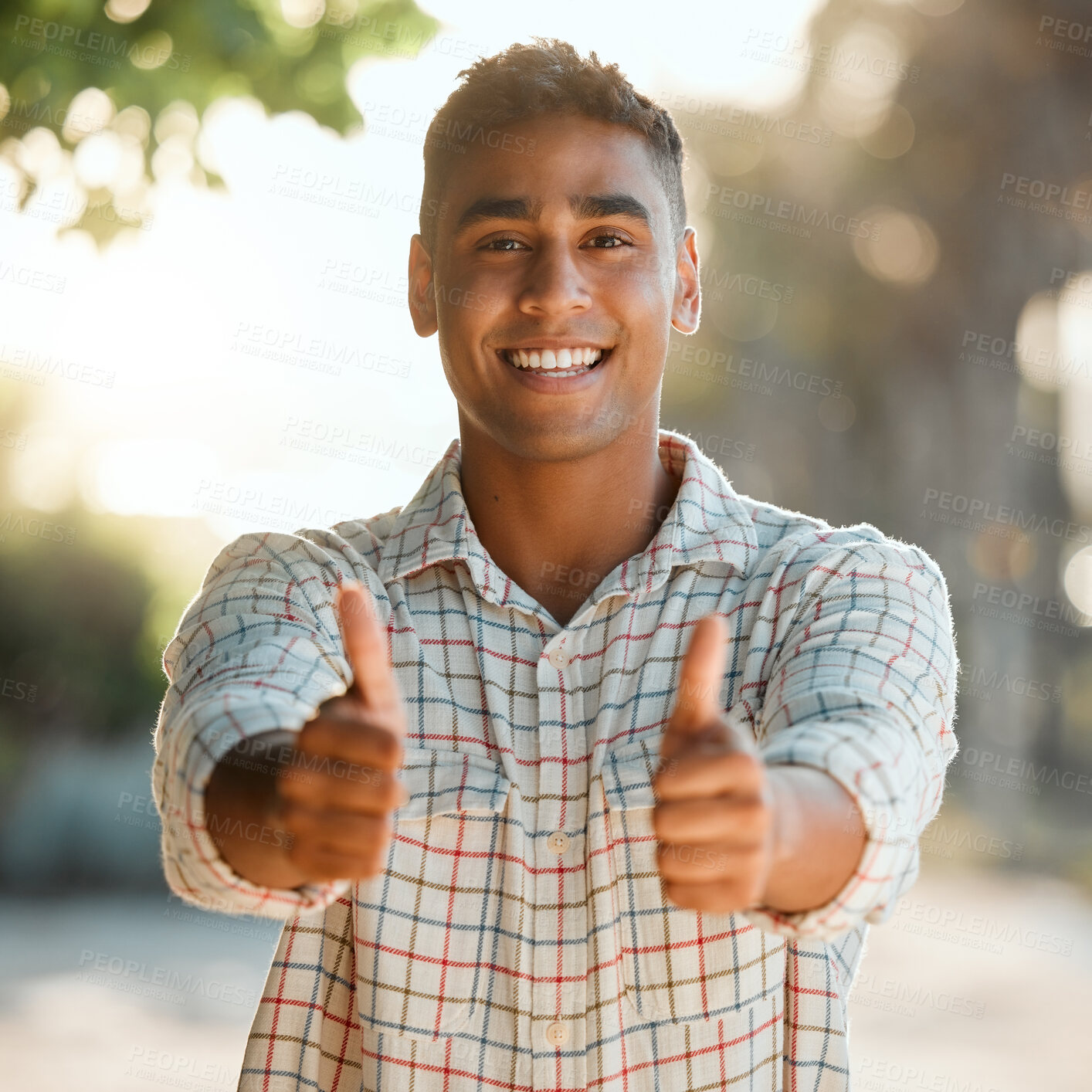 Buy stock photo Thumbs up, portrait and happy man outdoor with confidence for good news, support and agreement. Thank you, smile and male person with approval hands for success, well done and feedback in Colombia