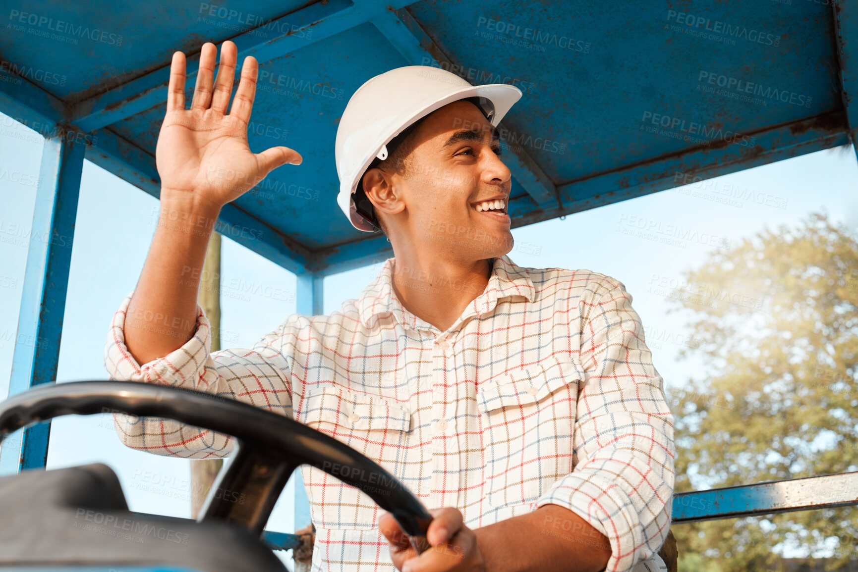 Buy stock photo Tractor, farm and man drive wave for harvesting plants, growth and vegetable production. Agriculture, transport and person in vehicle for sustainability, agro business and produce in countryside