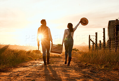 Buy stock photo Shot of two farmers carrying a crate and walking on a farm during sunset