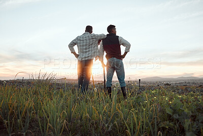 Buy stock photo Shot of two farmers standing on a farm during sunset