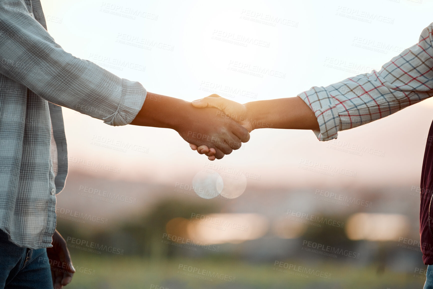 Buy stock photo Handshake, agreement and deal for farmer, people and together in morning with respect in countryside. Agriculture, shaking hands and welcome for teamwork, collaboration and investment in Colombia