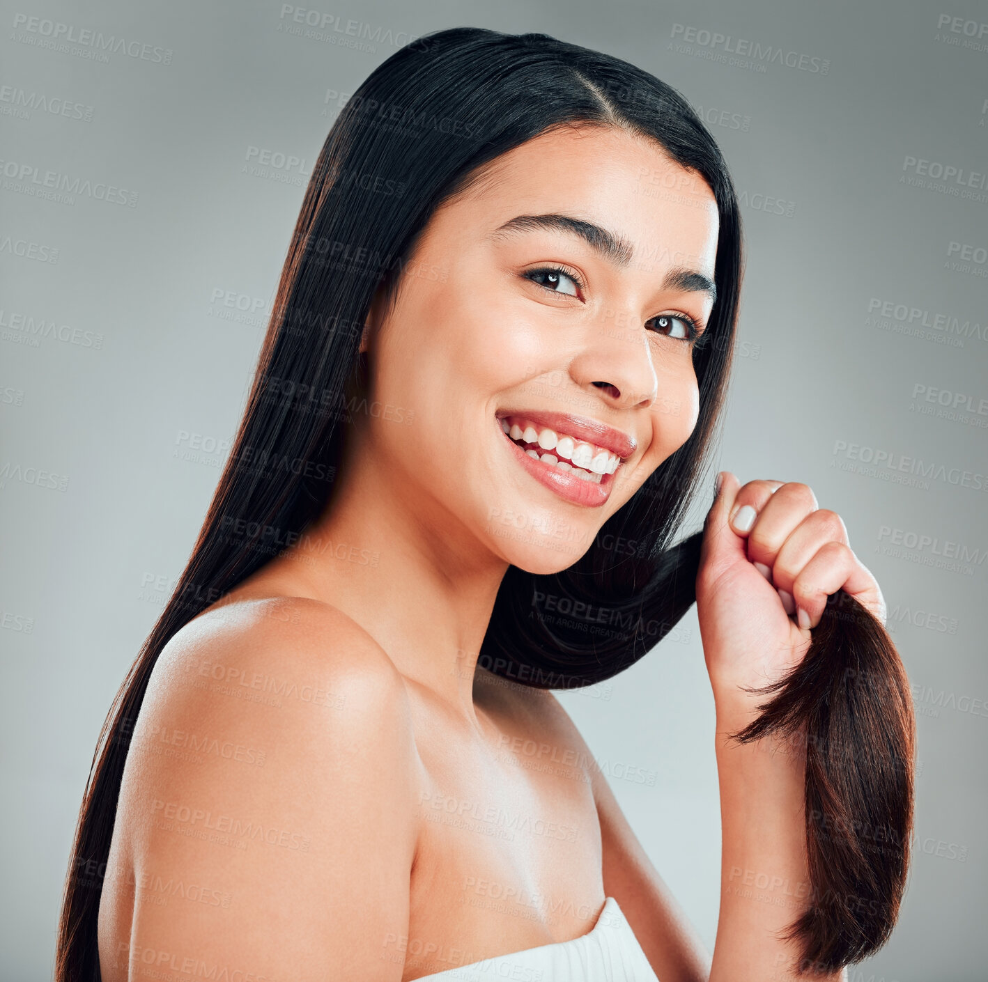 Buy stock photo Woman, portrait and hair care in studio with results for luxury salon treatment, shampoo or cosmetic. Girl, face and gray background for healthy texture, hairdresser or growth by Brazilian or keratin