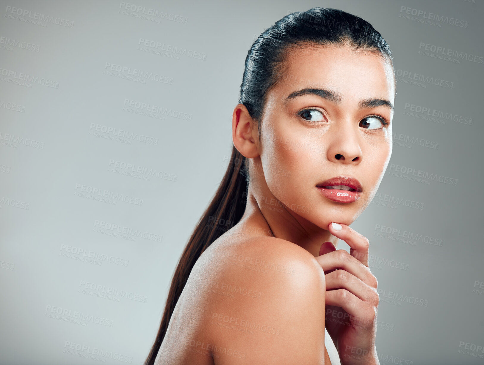 Buy stock photo Girl, hair care and thinking in studio with growth, strong and mock up space by background. Woman, person and model with hairstyle, wellness and beauty with transformation, cosmetics and benefits