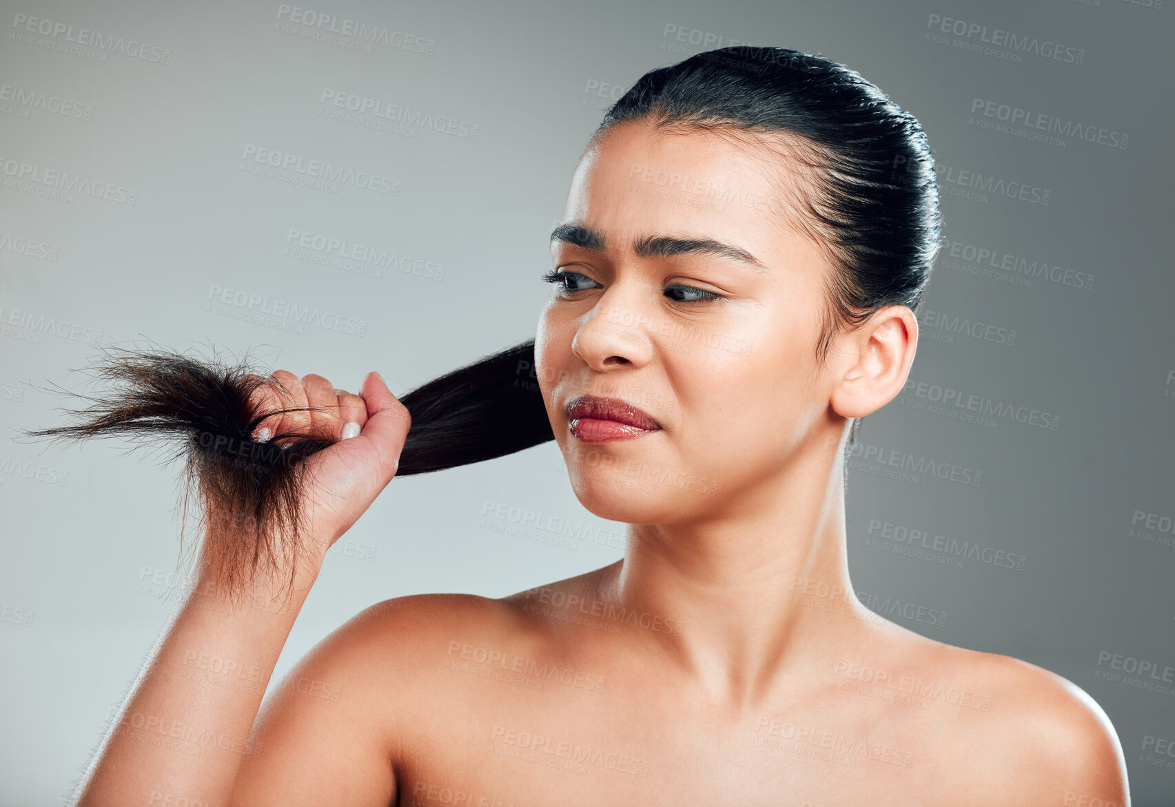 Buy stock photo Woman, hair and stress with damage in studio, thinking and solution with split ends by background. Girl, model and frustrated with mistake, change and brittle texture with mess, crisis and cosmetics