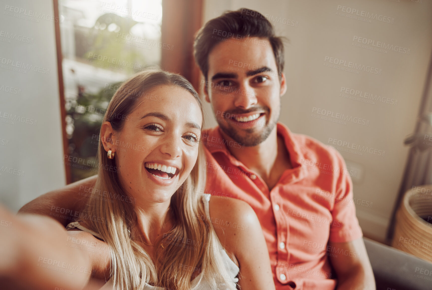 Buy stock photo Selfie, happy and portrait of couple on sofa in home for bonding, relax together and memory on weekend. Living room, smile and man and woman on couch take photo for love, affection and relationship