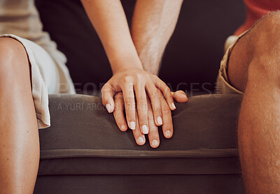 Buy stock photo Couple, empathy and bonding with holding hands for together, help or care in home for relax. People, trust and support for healthy conversation or compassion for love, connection and romantic partner